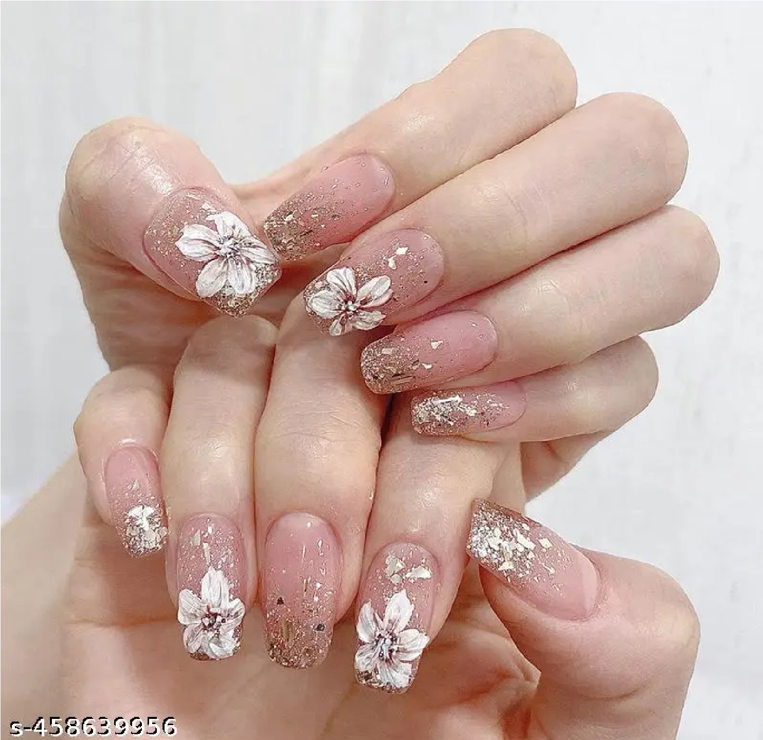 Elegant Floral Glitter Press-On Nails – Nude & Gold Sparkle False Nails with White Flowers